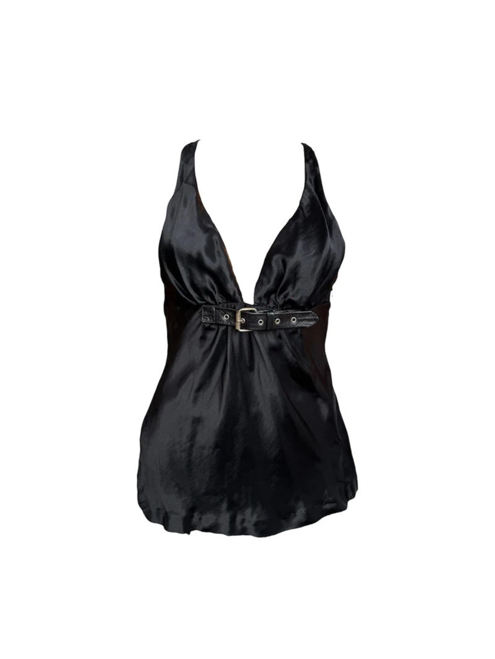 Vintage Miss Sixty Luxury Y2K Black Satin Belted Plunge Top